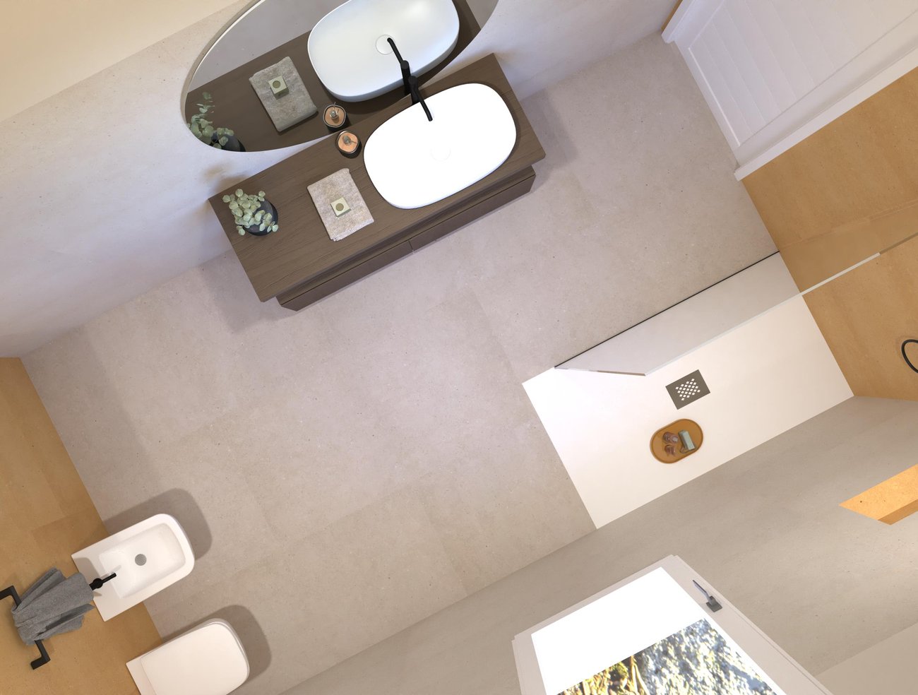 Immagine di progetto bagno di forma Rettangolare, realizzato con piastrelle a pavimento MATERIA PURA e piastrelle a rivestimento MATERIA PURA