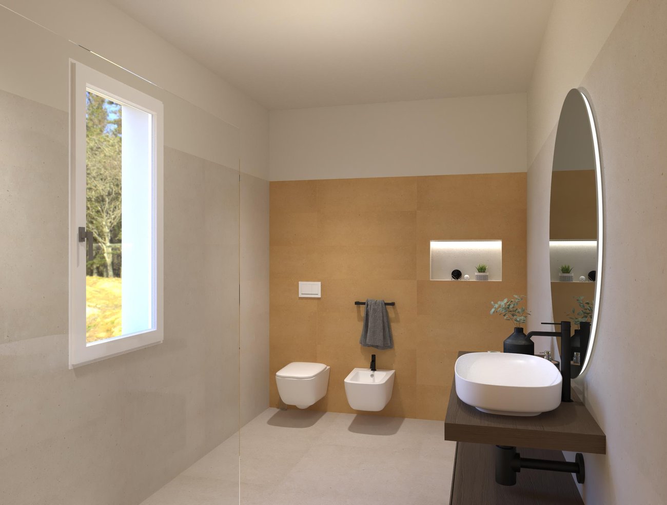 Immagine di progetto bagno di forma Rettangolare, realizzato con piastrelle a pavimento MATERIA PURA e piastrelle a rivestimento MATERIA PURA