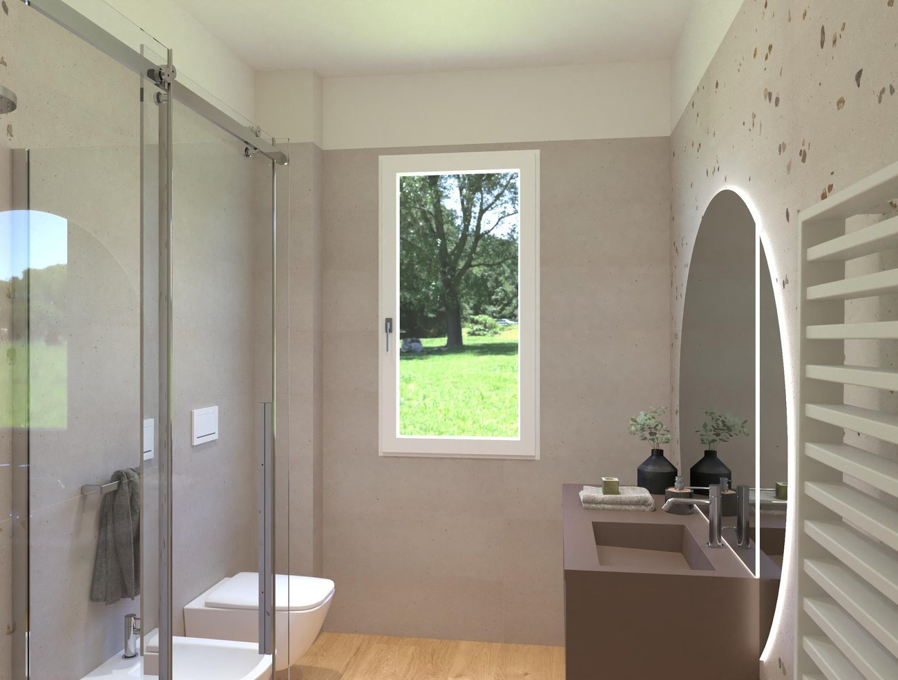 Image du projet de salle de bains de forme Rectangulaire, réalisée avec des carreaux de sol PLEIN AIR et carreaux muraux MATERIA PURA