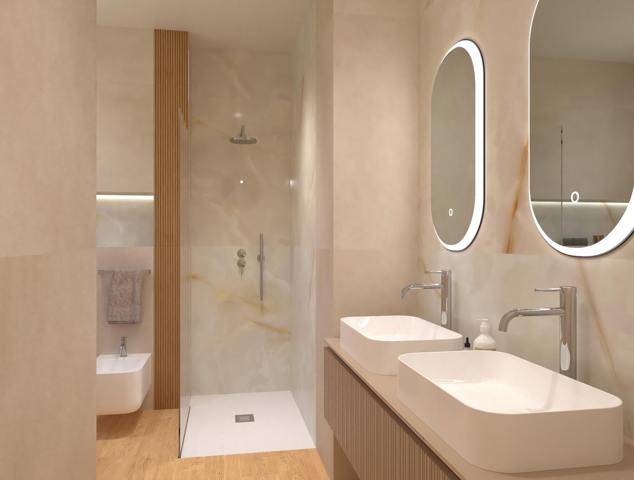 Immagine di progetto bagno di forma Rettangolare, realizzato con piastrelle a pavimento PLEIN AIR e piastrelle a rivestimento MILANO MOOD, TRUE COLOR, GEMME