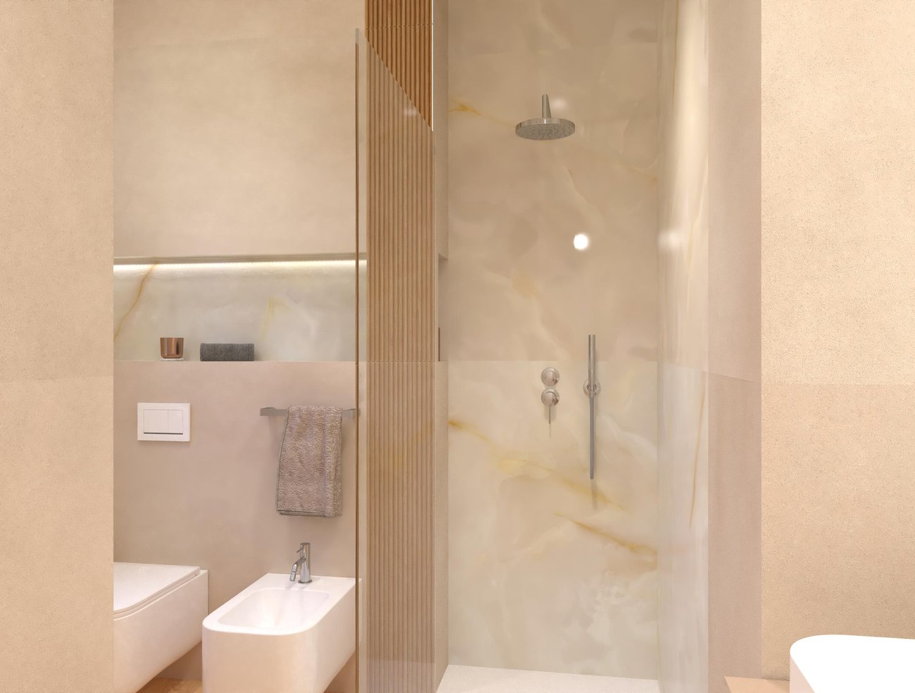 Immagine di progetto bagno di forma Rettangolare, realizzato con piastrelle a pavimento PLEIN AIR e piastrelle a rivestimento MILANO MOOD, TRUE COLOR, GEMME