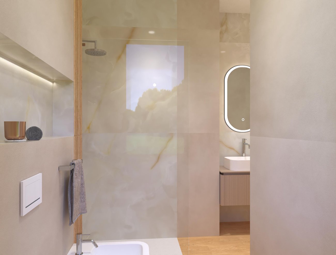Immagine di progetto bagno di forma Rettangolare, realizzato con piastrelle a pavimento PLEIN AIR e piastrelle a rivestimento MILANO MOOD, TRUE COLOR, GEMME