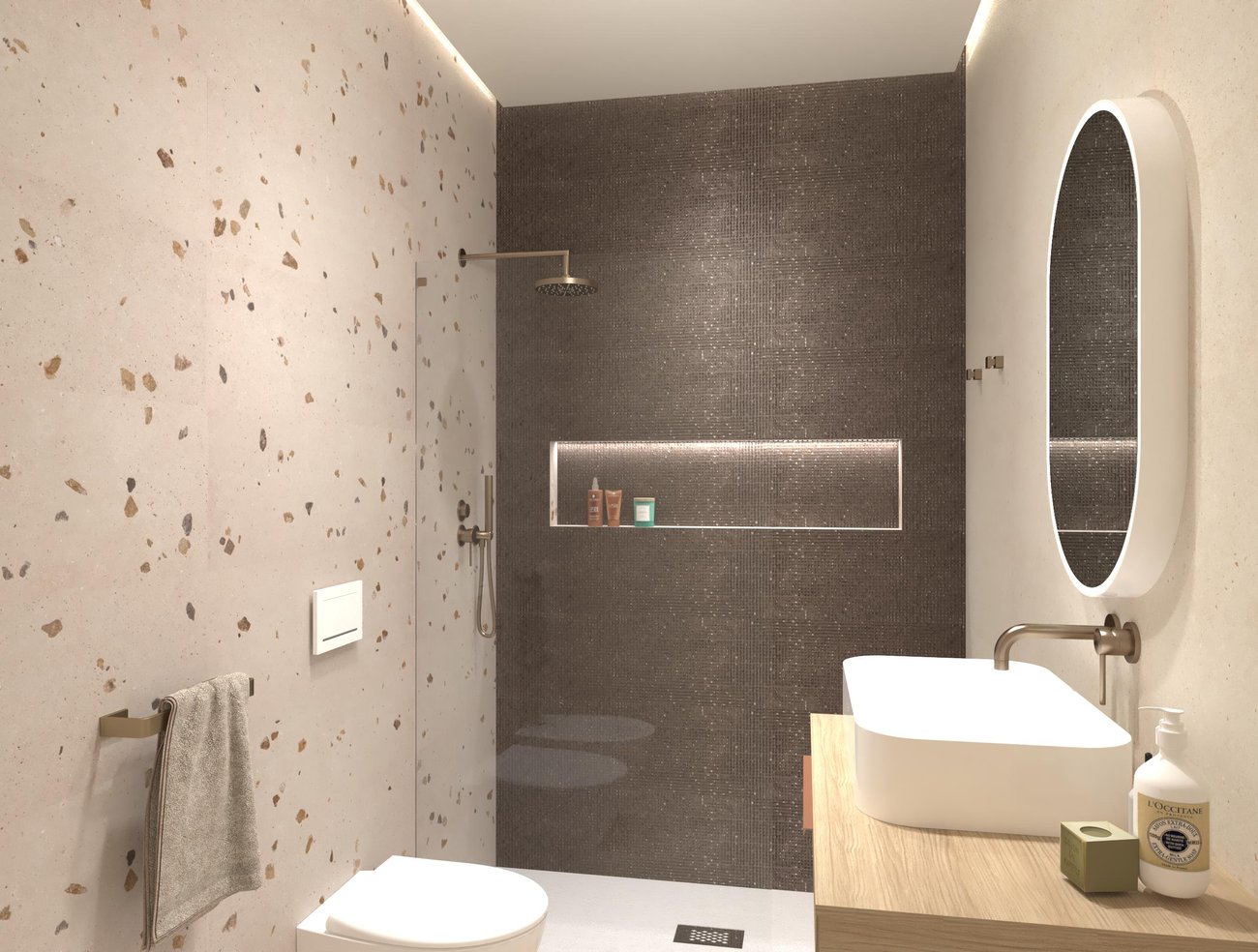 Image du projet de salle de bains de forme Rectangulaire, réalisée avec des carreaux de sol MATERIA PURA et carreaux muraux MATERIA PURA