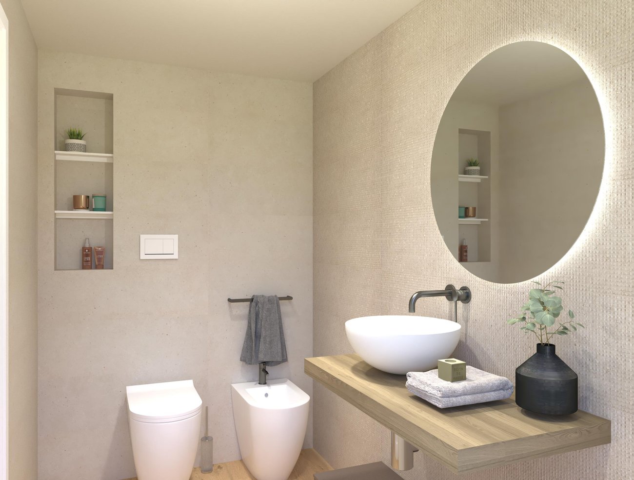 Bathroom design image in Rectangular shape, created with floor tiles ROOTS and wall tiles MATERIA PURA