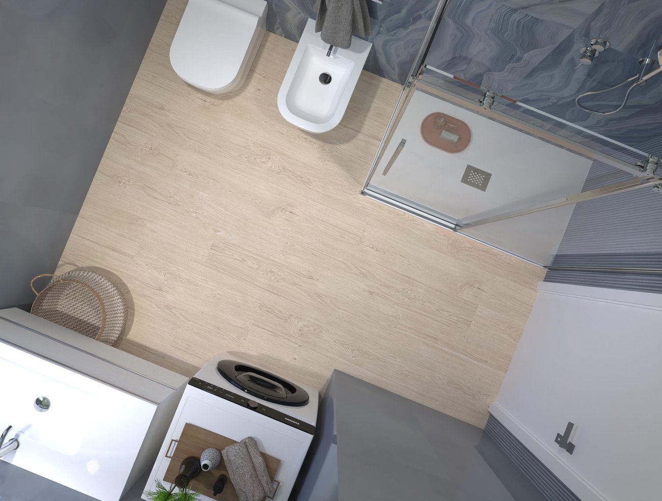Immagine di progetto bagno di forma Quadrato, realizzato con piastrelle a pavimento PLEIN AIR e piastrelle a rivestimento MATERIA BRILLANTE