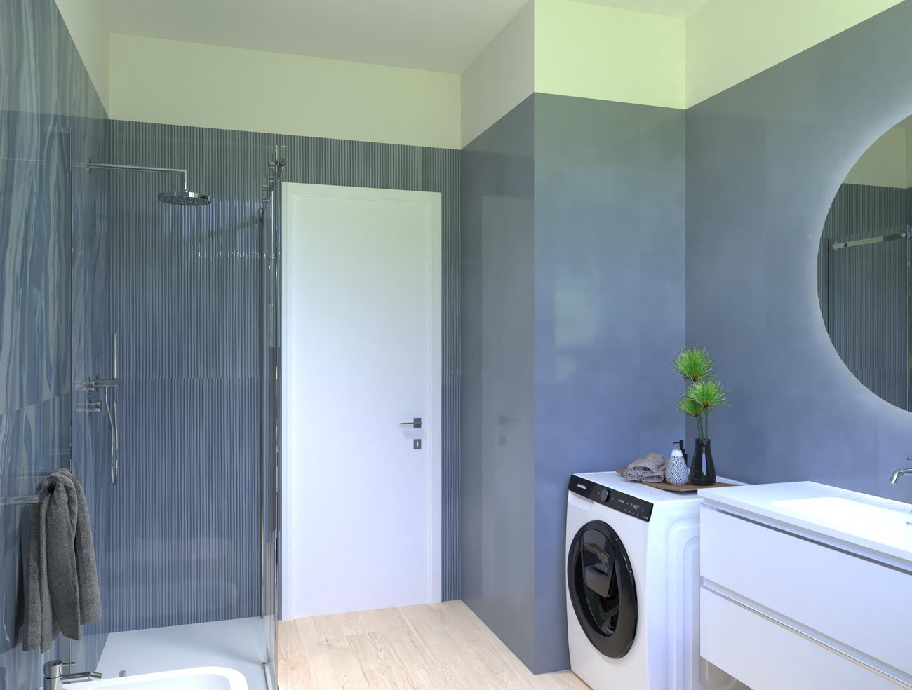 Immagine di progetto bagno di forma Quadrato, realizzato con piastrelle a pavimento PLEIN AIR e piastrelle a rivestimento MATERIA BRILLANTE
