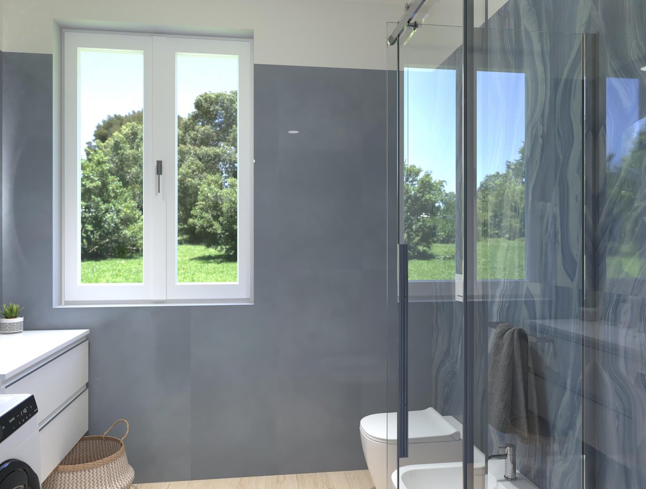 Immagine di progetto bagno di forma Quadrato, realizzato con piastrelle a pavimento PLEIN AIR e piastrelle a rivestimento MATERIA BRILLANTE