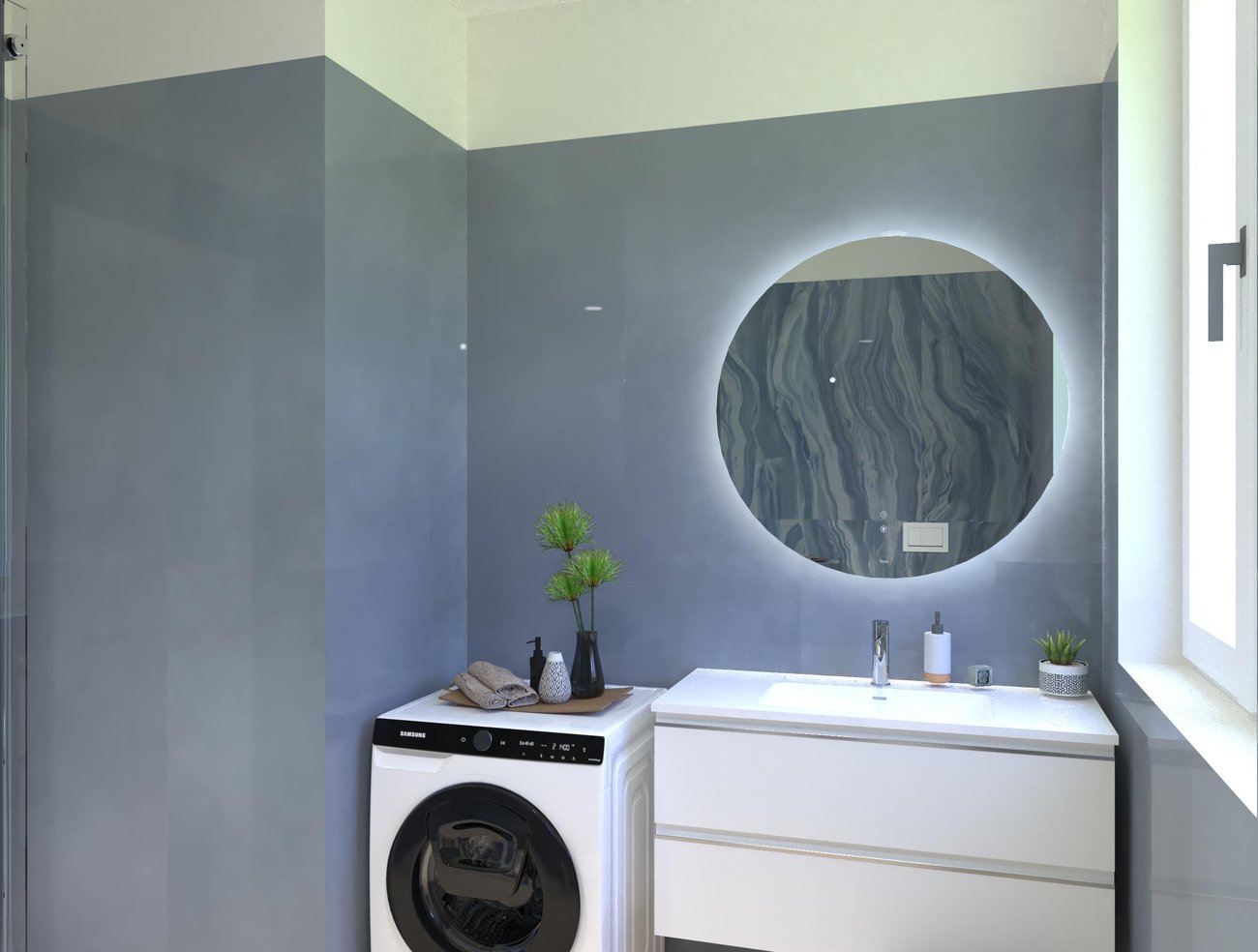 Immagine di progetto bagno di forma Quadrato, realizzato con piastrelle a pavimento PLEIN AIR e piastrelle a rivestimento MATERIA BRILLANTE