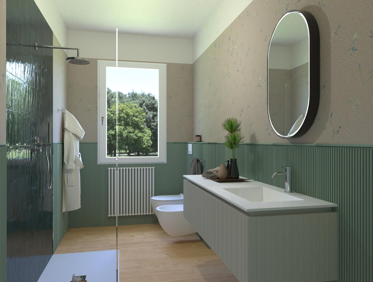 Bathroom design image in Rectangular shape, created with floor tiles PLEIN AIR and wall tiles GLIM, TRUE COLOR