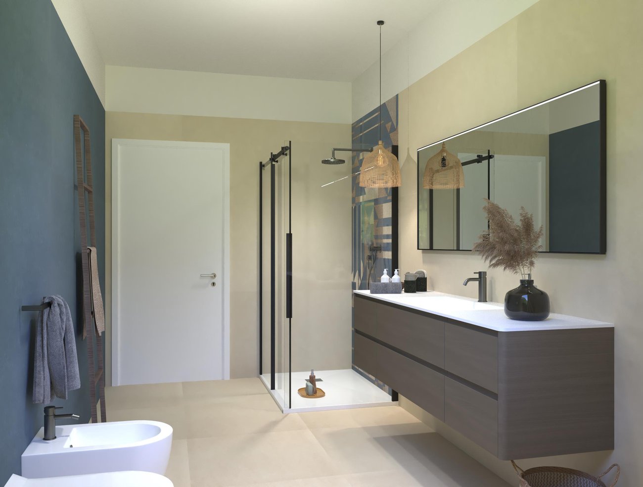Bathroom design image in Rectangular shape, created with floor tiles SHEER and wall tiles SHEER, FAP MURALS, BLOOM