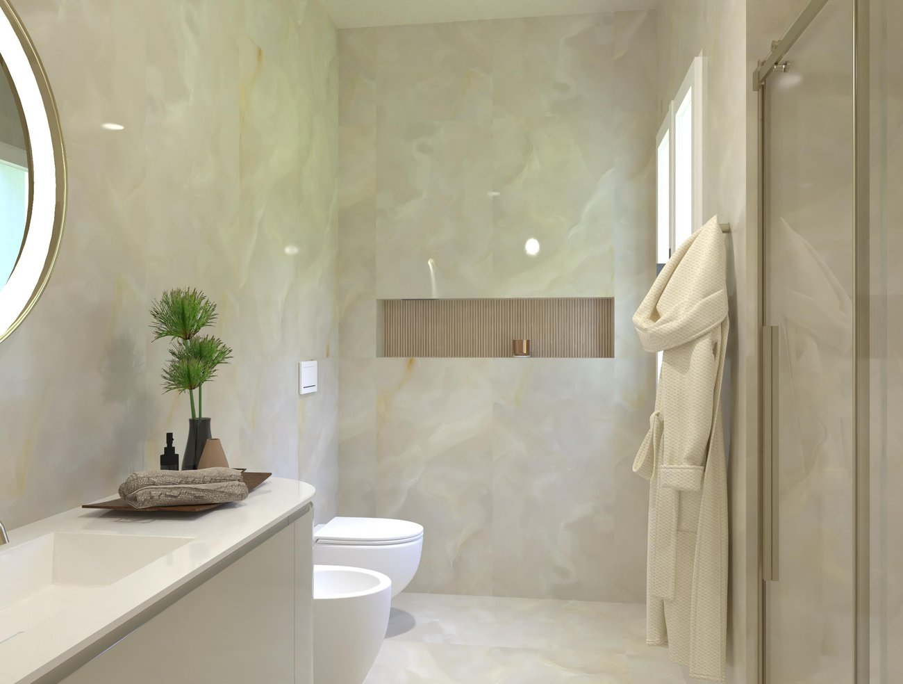 Immagine di progetto bagno di forma Rettangolare, realizzato con piastrelle a pavimento GEMME e piastrelle a rivestimento MATERIA BRILLANTE, GEMME