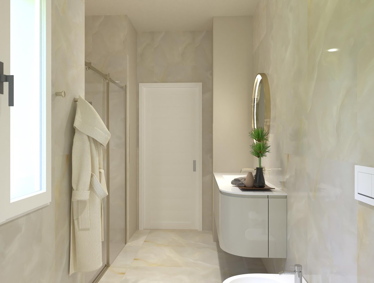 Immagine di progetto bagno di forma Rettangolare, realizzato con piastrelle a pavimento GEMME e piastrelle a rivestimento MATERIA BRILLANTE, GEMME