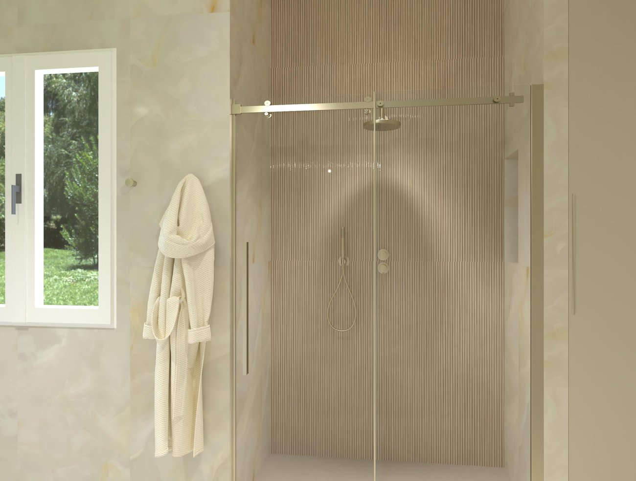 Immagine di progetto bagno di forma Rettangolare, realizzato con piastrelle a pavimento GEMME e piastrelle a rivestimento MATERIA BRILLANTE, GEMME