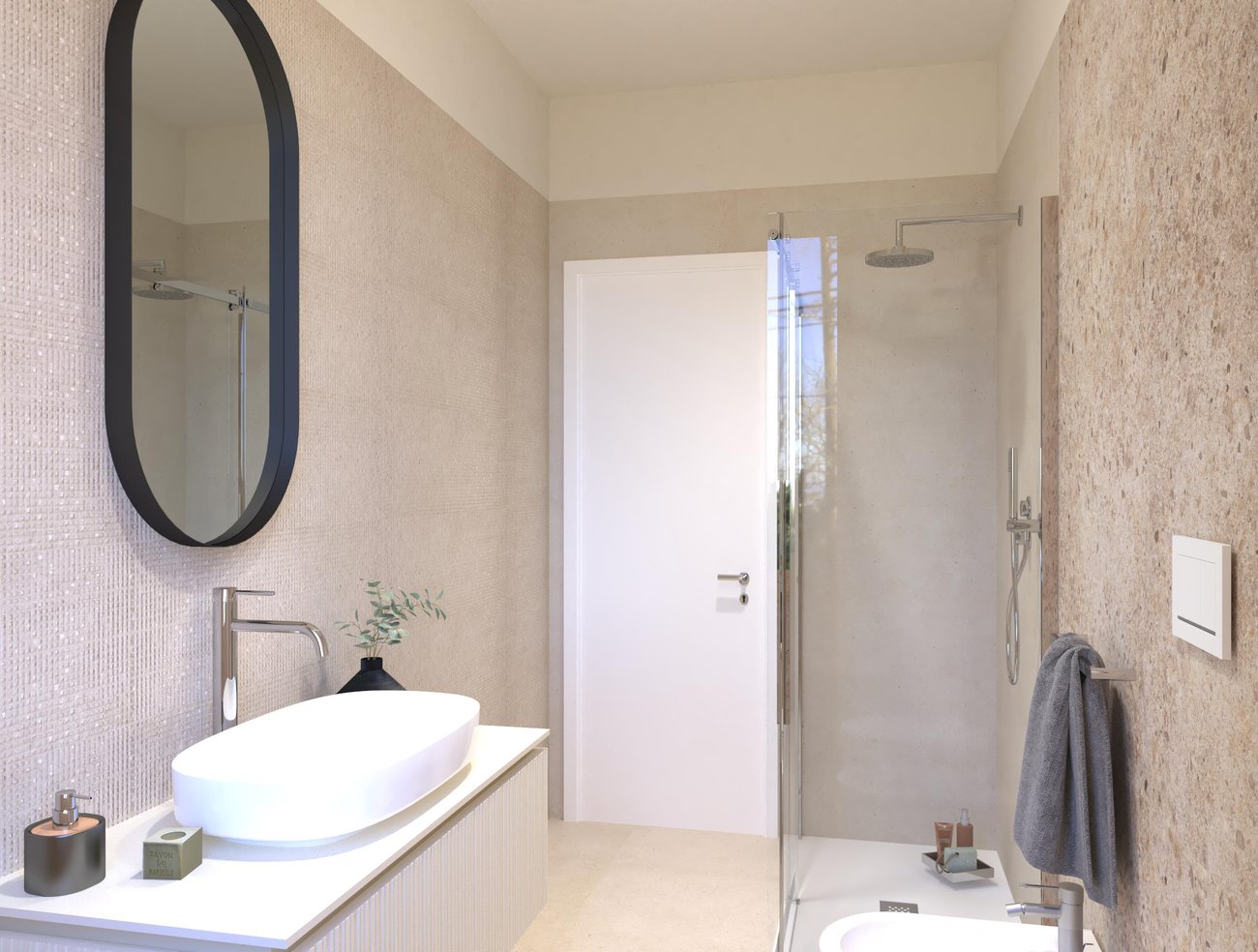 Immagine di progetto bagno di forma Rettangolare, realizzato con piastrelle a pavimento MATERIA PURA e piastrelle a rivestimento MATERIA ECLETTICA, MATERIA PURA