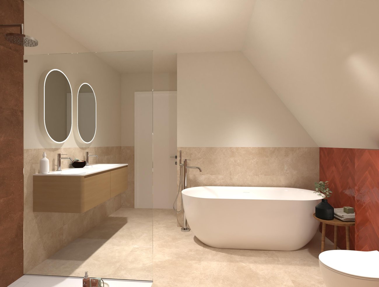 Bathroom design image in Squared shape, created with floor tiles NOBU and wall tiles GLIM, NOBU, OXIDE