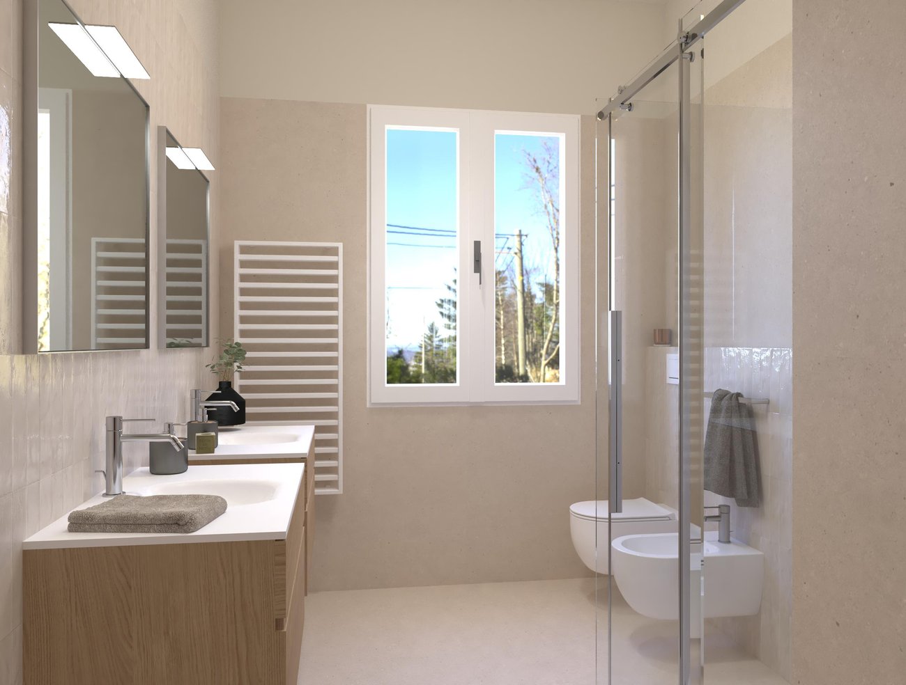 Immagine di progetto bagno di forma Rettangolare, realizzato con piastrelle a pavimento MATERIA PURA e piastrelle a rivestimento GLIM, MATERIA PURA