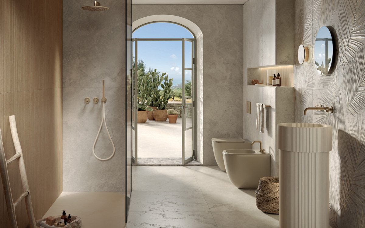 Porcelain stoneware and ceramic indoor wall coverings with leading-edge design: light, volume and matter