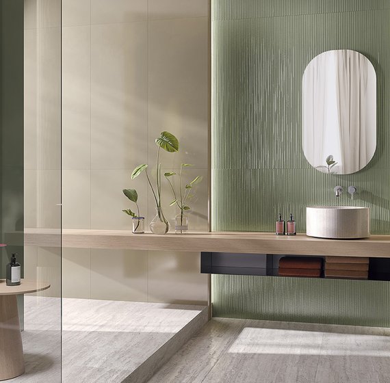 Porcelain stoneware stair tiles, trim tiles and niches: details and continuity of design