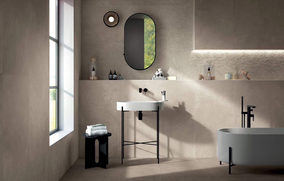 Room view , created with tiles from the collection: NOBU – White, Beige
