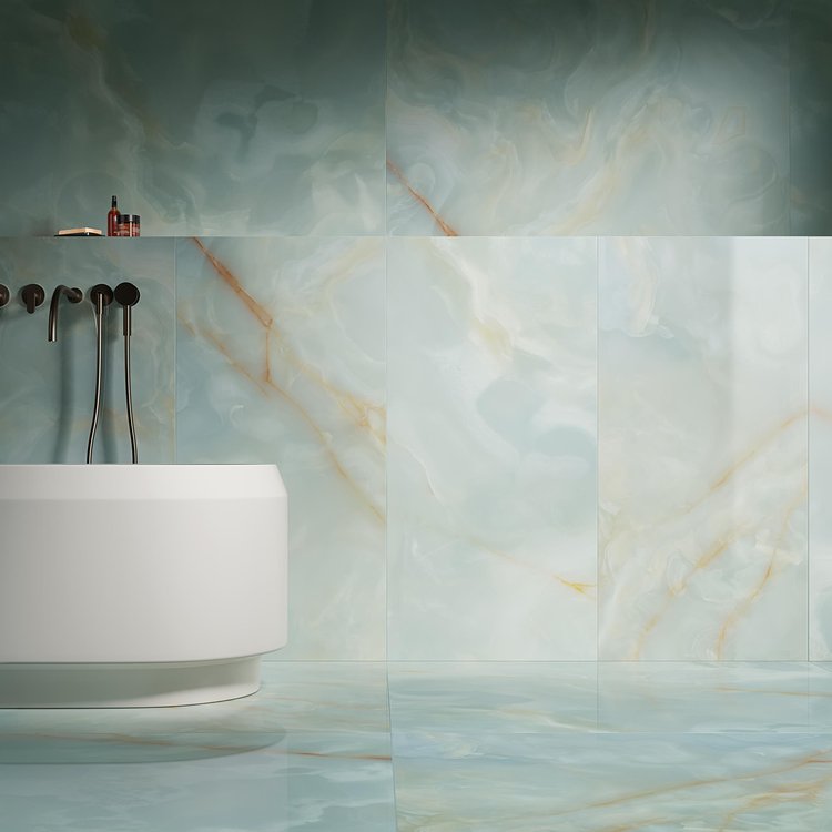 Image d'ambiance , réalisée avec des carreaux de la collection : GEMME – Bleu clair