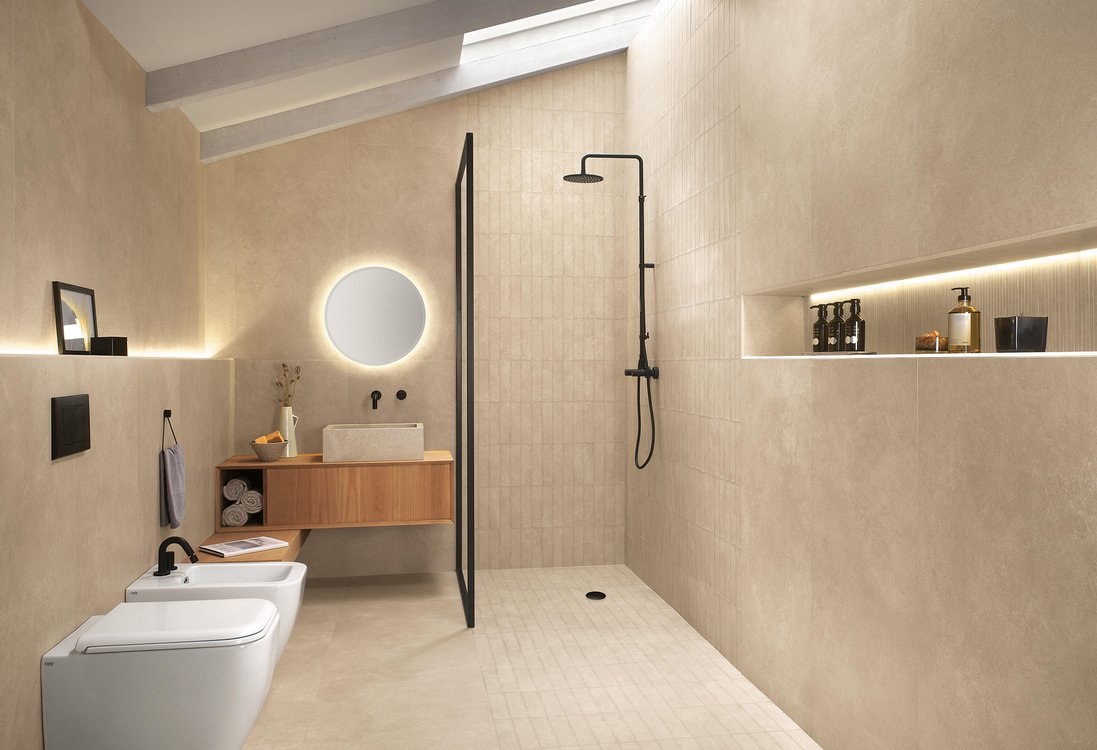 Imagen de ambiente Baño, realizada con baldosas de la colección: NOBU – BEIGE