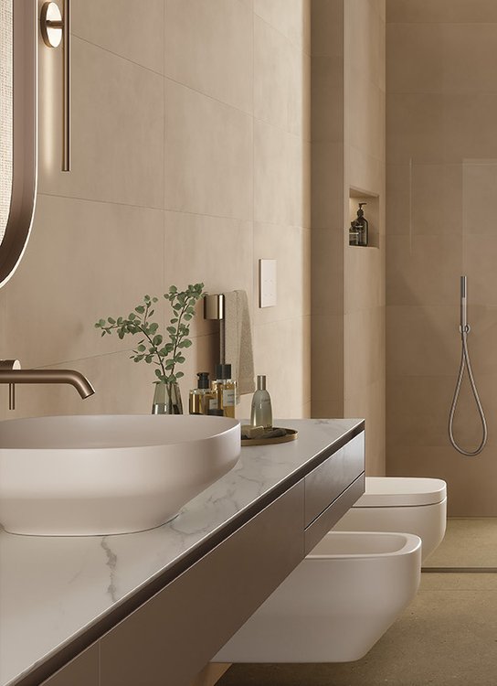 Immagine ambiente , realizzato con piastrelle della collezione: OLTRE IL COLORE - Beige