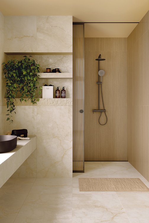 Room view Bathroom, created with tiles from the collection: DESERT – Beige, Brown