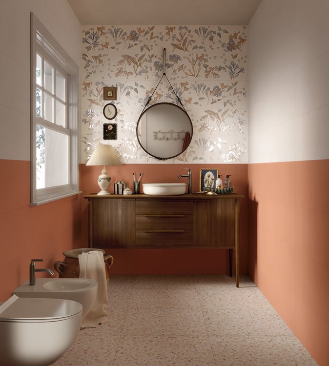 Immagine ambiente Bagno, realizzato con piastrelle della collezione: OLTRE IL COLORE - Bianco, Altri, Rosso-Rosa