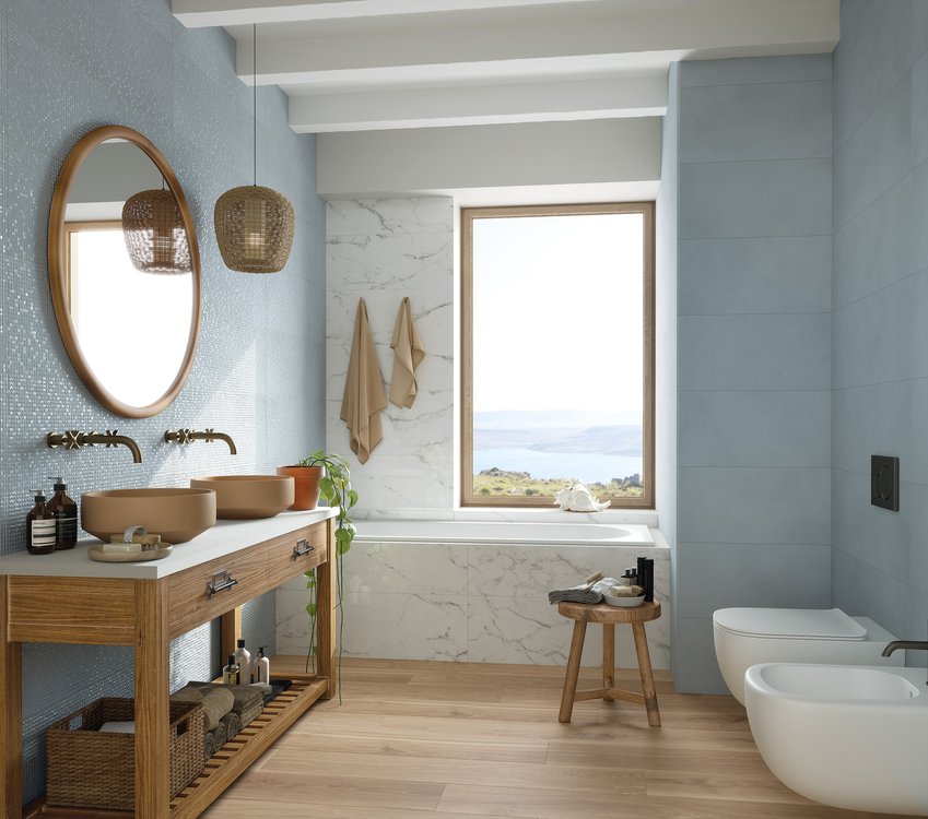 Immagine ambiente Bagno, realizzato con piastrelle della collezione: OLTRE IL COLORE - Altri, Bianco, Beige