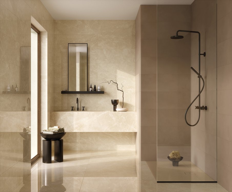 Immagine ambiente Bagno, realizzato con piastrelle della collezione: OLTRE IL MARMO - Beige, Grigio