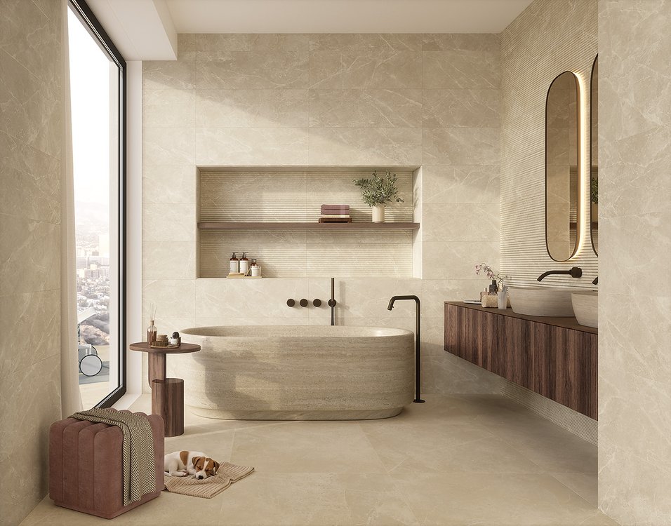 Immagine ambiente Bagno, realizzato con piastrelle della collezione: OLTRE IL MARMO - Beige