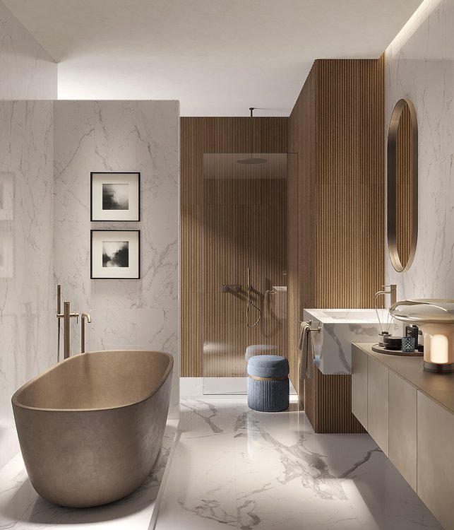 Immagine ambiente Bagno, realizzato con piastrelle della collezione: OLTRE IL MARMO - Bianco