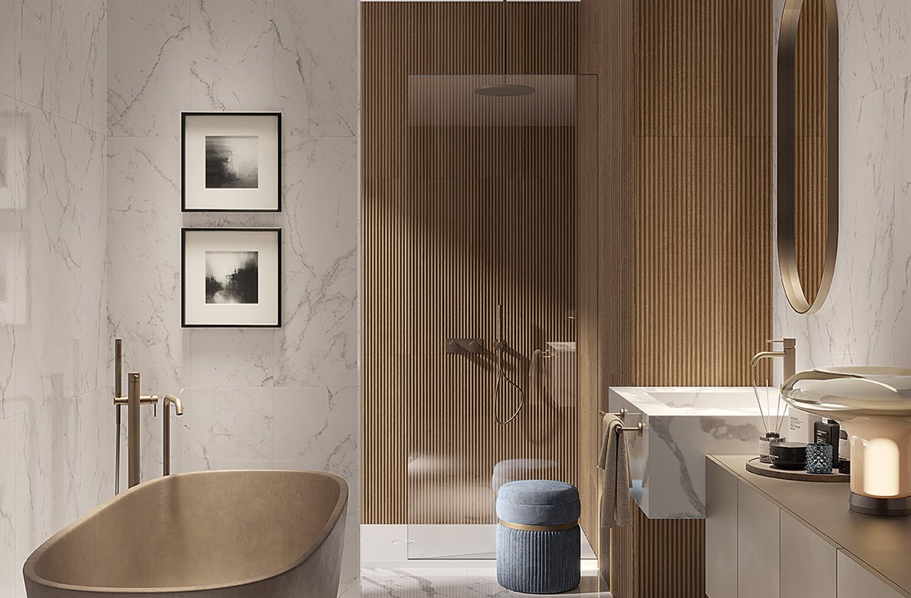 Room view Bathroom, created with tiles from the collection: OLTRE IL MARMO – White OLTRE IL MARMO