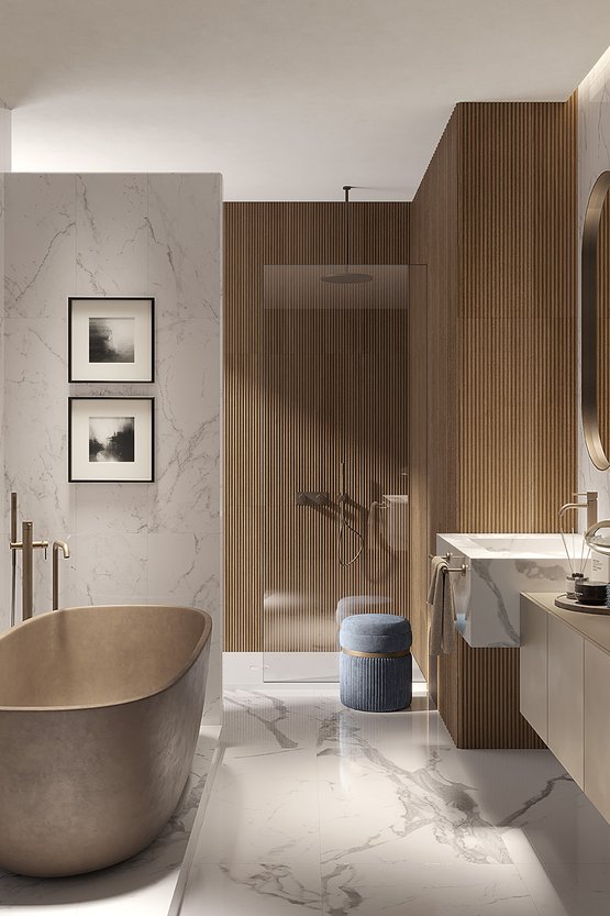 Image d'ambiance Salle de bain, réalisée avec des carreaux de la collection : OLTRE IL MARMO – Blanc OLTRE IL MARMO