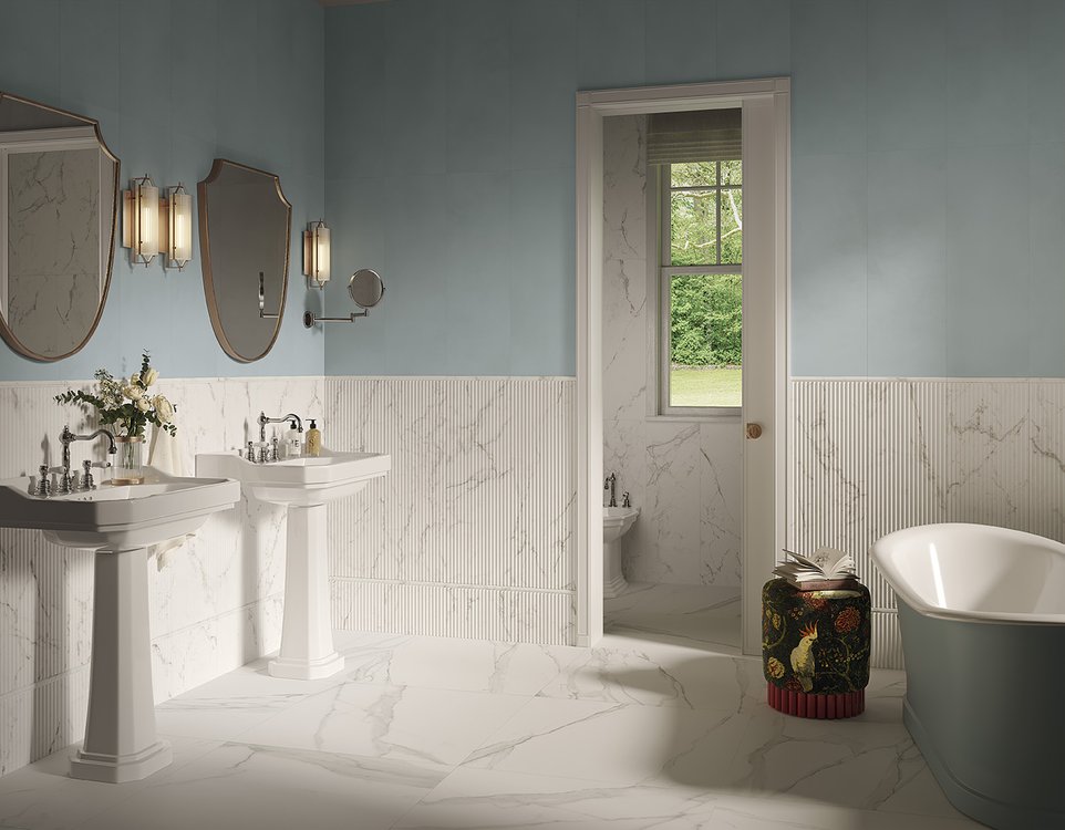 Immagine ambiente Bagno, realizzato con piastrelle della collezione: OLTRE IL MARMO - Altri, Bianco
