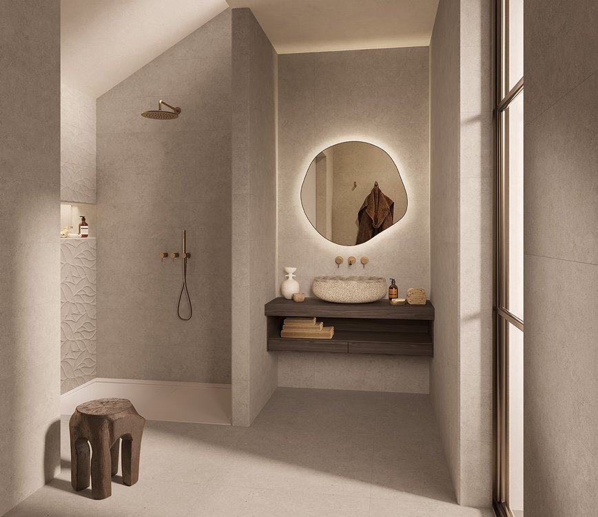 Immagine ambiente Bagno, realizzato con piastrelle della collezione: OLTRE LA PIETRA - Grigio
