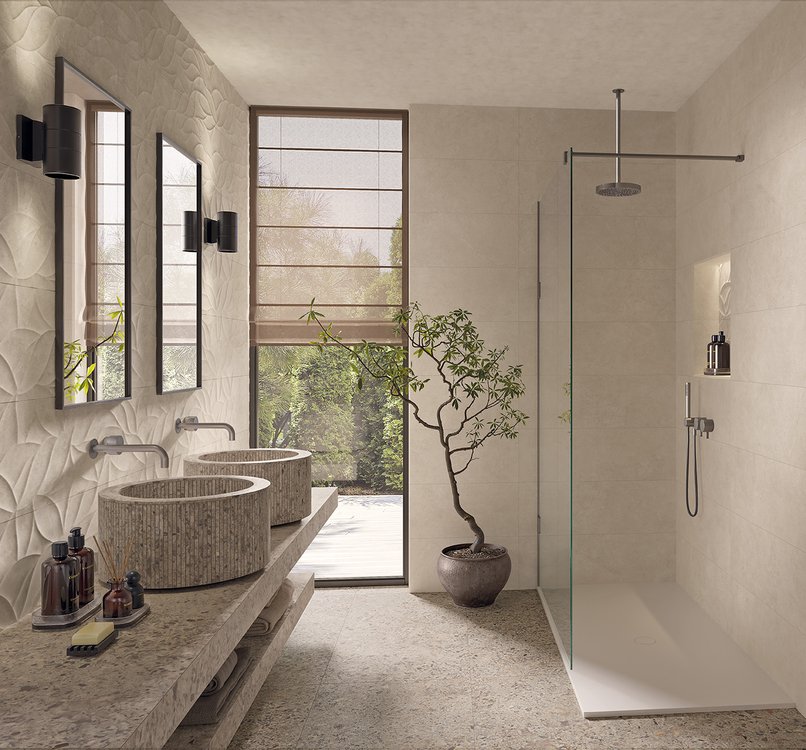 Immagine ambiente Bagno, realizzato con piastrelle della collezione: OLTRE LA PIETRA - Bianco, Grigio
