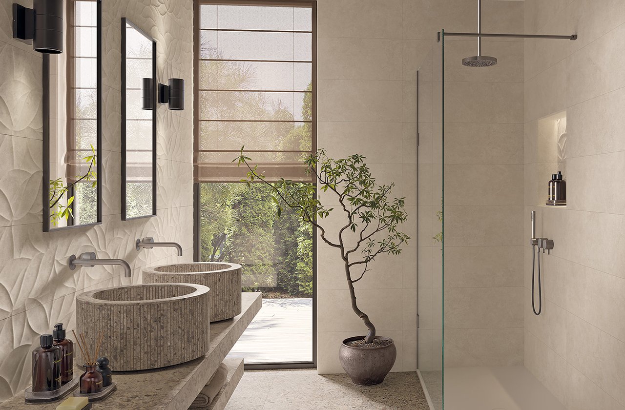 Immagine ambiente Bagno, realizzato con piastrelle della collezione: OLTRE LA PIETRA - Bianco, Grigio OLTRE LA PIETRA