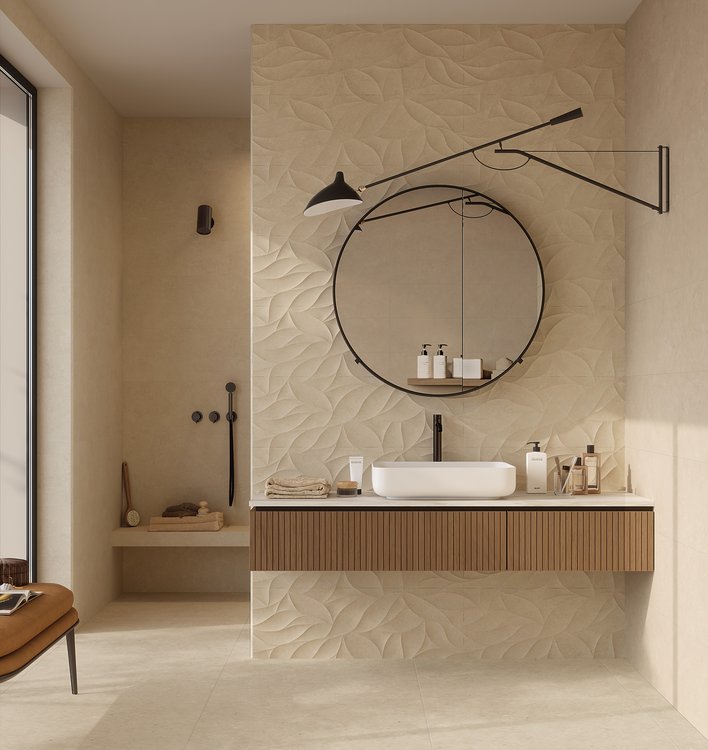 Immagine ambiente Bagno, realizzato con piastrelle della collezione: OLTRE LA PIETRA - Beige