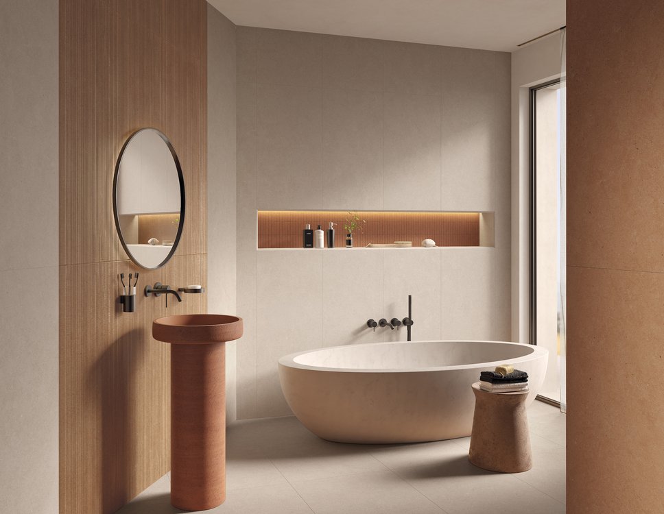 Imagen de ambiente Baño, realizada con baldosas de la colección: MATERIA PURA porcelain tiles – OTRAS, GRIS