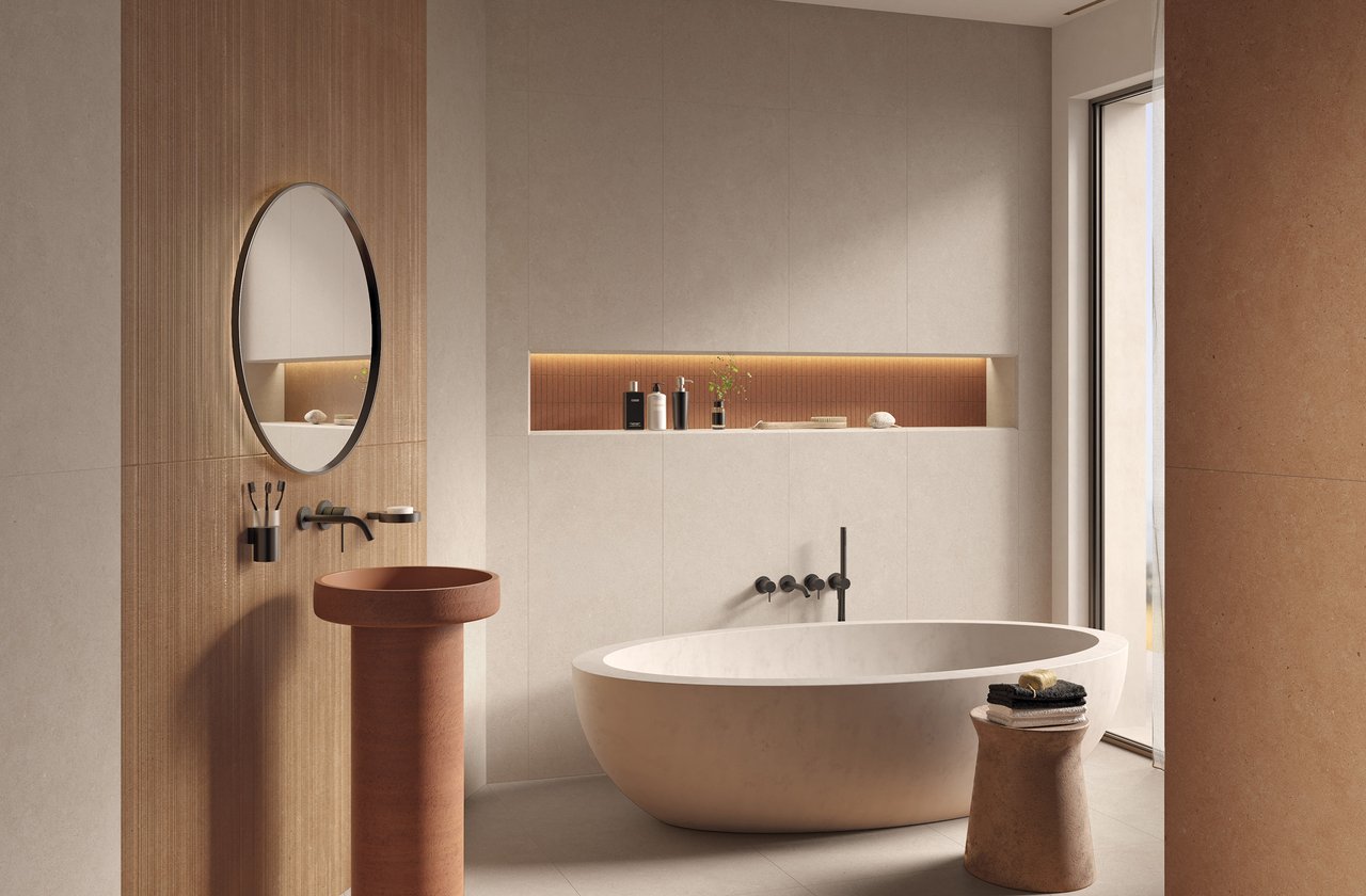 Room view Bathroom, created with tiles from the collection: MATERIA PURA wall tiles 50x120 – Other, Grey MATERIA PURA wall tiles 50x120