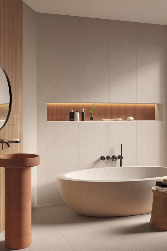 Image d'ambiance Salle de bain, réalisée avec des carreaux de la collection : MATERIA PURA wall tiles 50x120 – AUTRES, Gris MATERIA PURA wall tiles 50x120