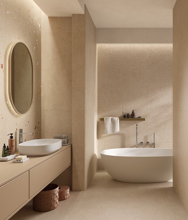 Интерьер Баньо, оформленный плиткой из коллекции: ПЛИТКА MATERIA PURA PORCELAIN – Бежевый