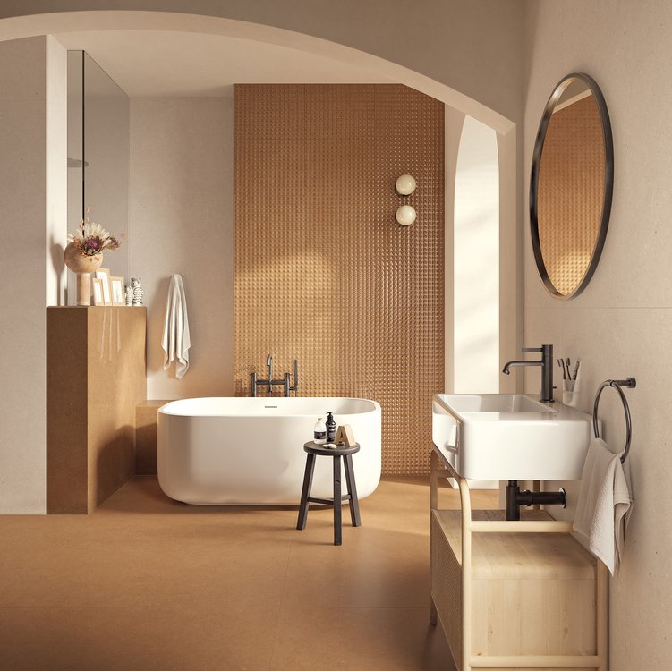 Raumabbildung Bad, gestaltet mit Fliesen aus der Kollektion: MATERIA PURA porcelain tiles – BEIGE, ANDERE