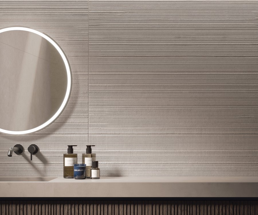 Room view , created with tiles from the collection: MATERIA PURA 50x120 – Grey