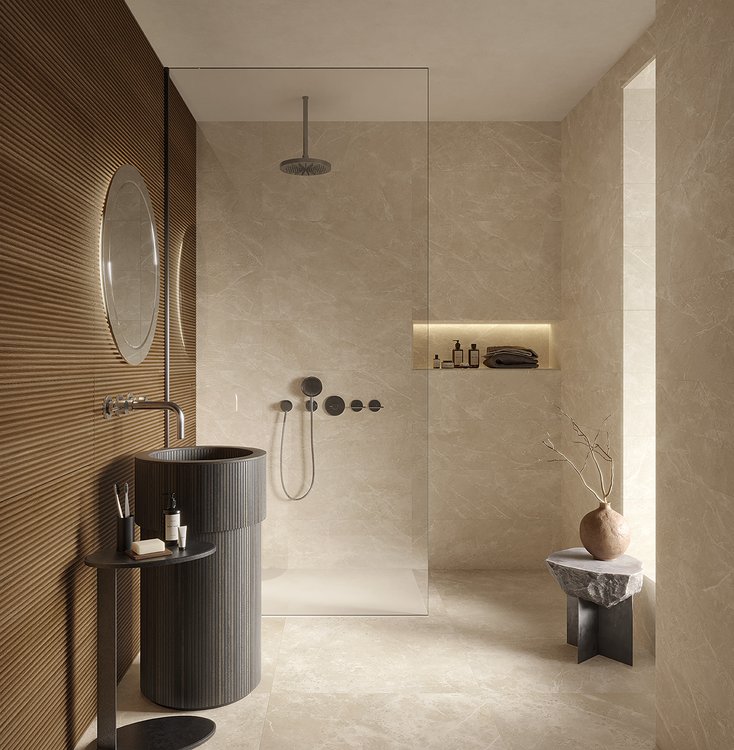 Immagine ambiente Bagno, realizzato con piastrelle della collezione: OLTRE IL MARMO - Beige, Marrone