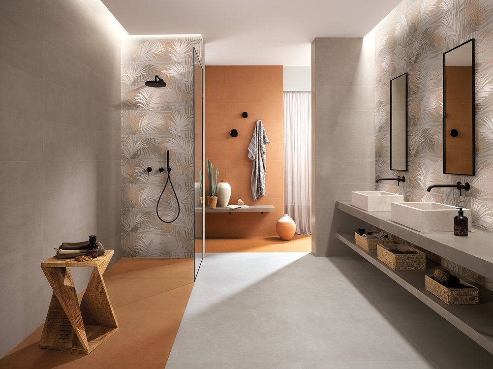 Image d'ambiance Salle de bain, réalisée avec des carreaux de la collection : DECO&MORE – Marron, Ocra, Gris