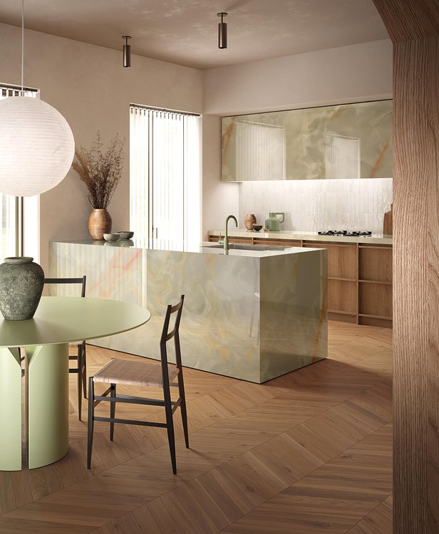 Интерьер Кухня, оформленный плиткой из коллекции: GEMME – зеленый, WHITE, BROWN