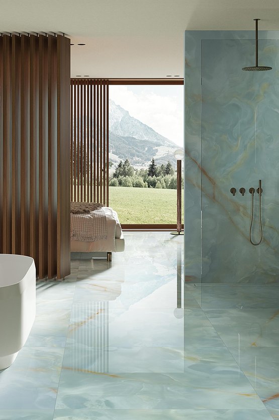 Image d'ambiance Salle de bain, réalisée avec des carreaux de la collection : GEMME – Bleu clair GEMME
