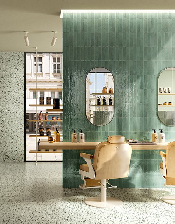 Room view Contract, created with tiles from the collection: GLIM – Green